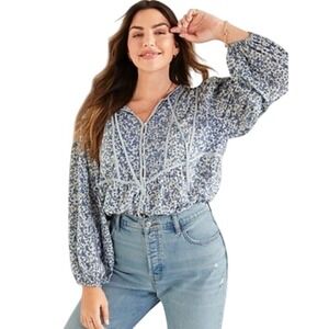 Old Navy Floral Peasant Blouse Long Lovestitch Sleeve Boho Top Blue White 2X‎